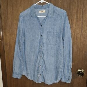 Hollister Womens Denim Blue Button Down Shirt With Back Embroidery